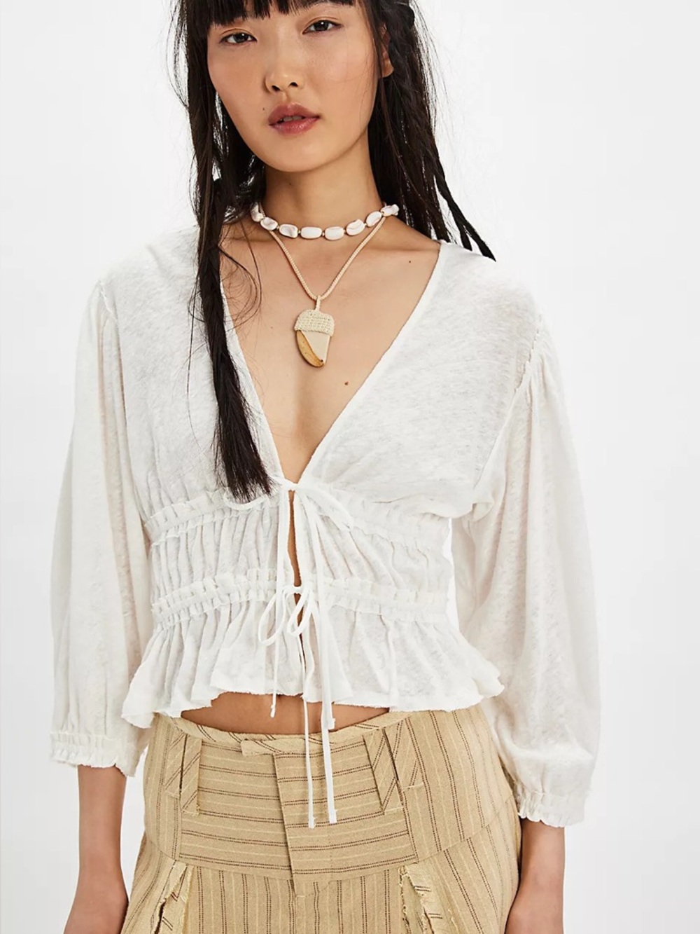 Free People • Let's Go Blouse Ivory Boho Tie Front Cropped Top Balloon Sleeve